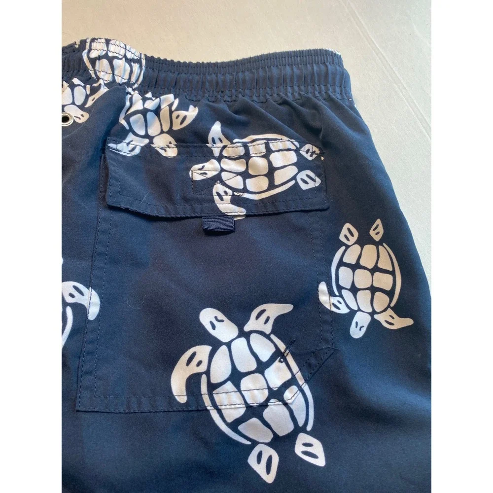Navy Blue Sea Turtle Print Swim Trunks Mens Mesh Lined Board Shorts